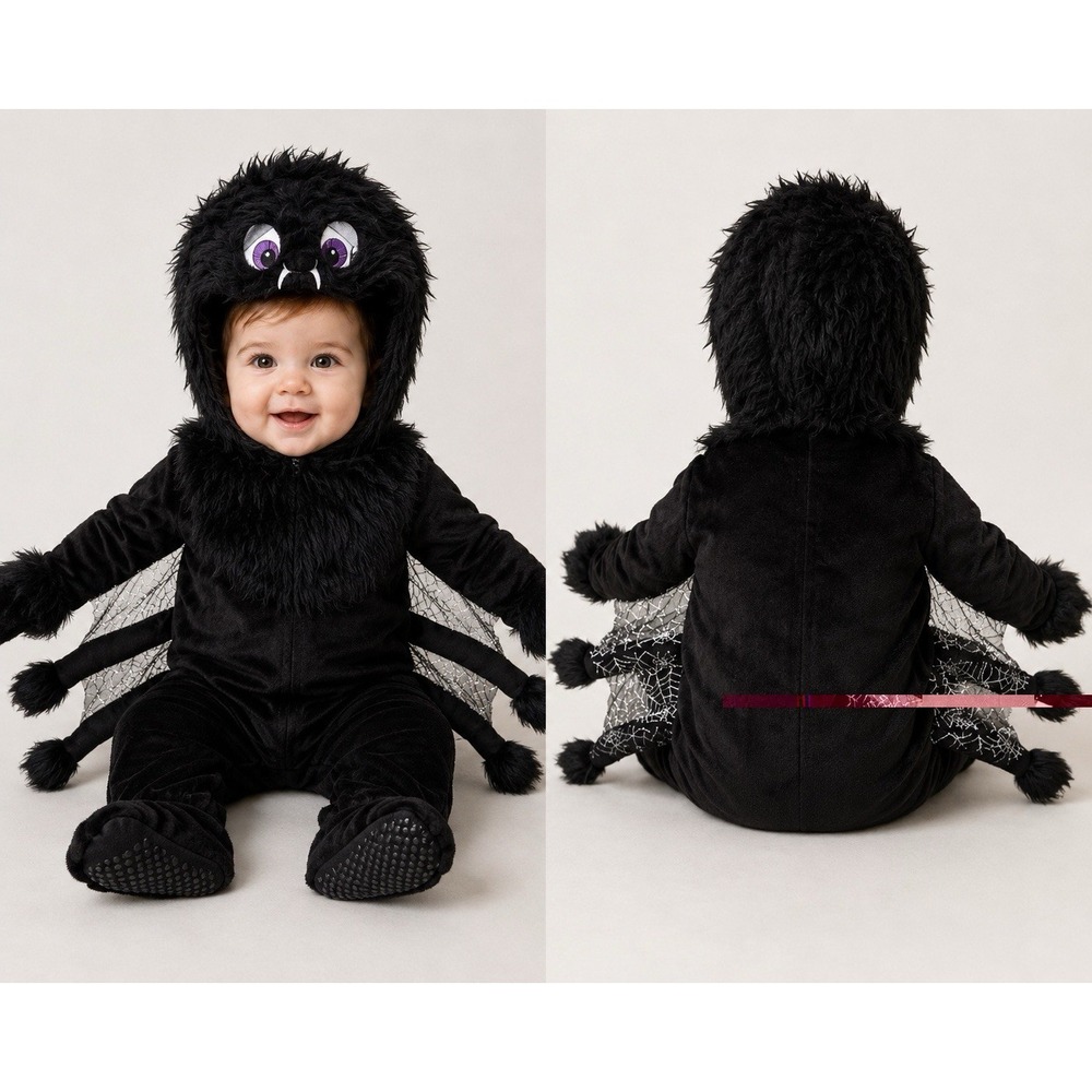 Baby Spider Costume 12-18 Months Black Plush Halloween One Piece Hooded